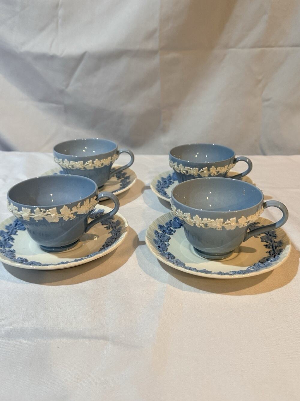 Wedgwood Etruria Barlaston Embossed Queensware Blue Cup & Saucer Sets Set of 4